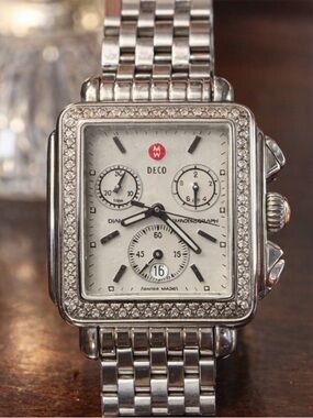 Michele Deco Diamond Bezel Stainless Steel Chronograph Watch, 2 bands
